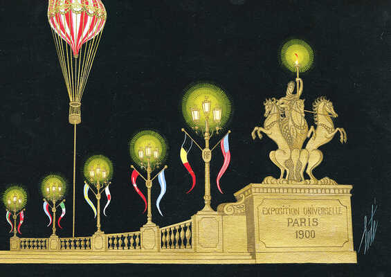 Эрте (Тыртов Роман Петрович). Всемирная парижская выставка 1900 года. Эскиз декорации для музыкального ревю Flying Colours 